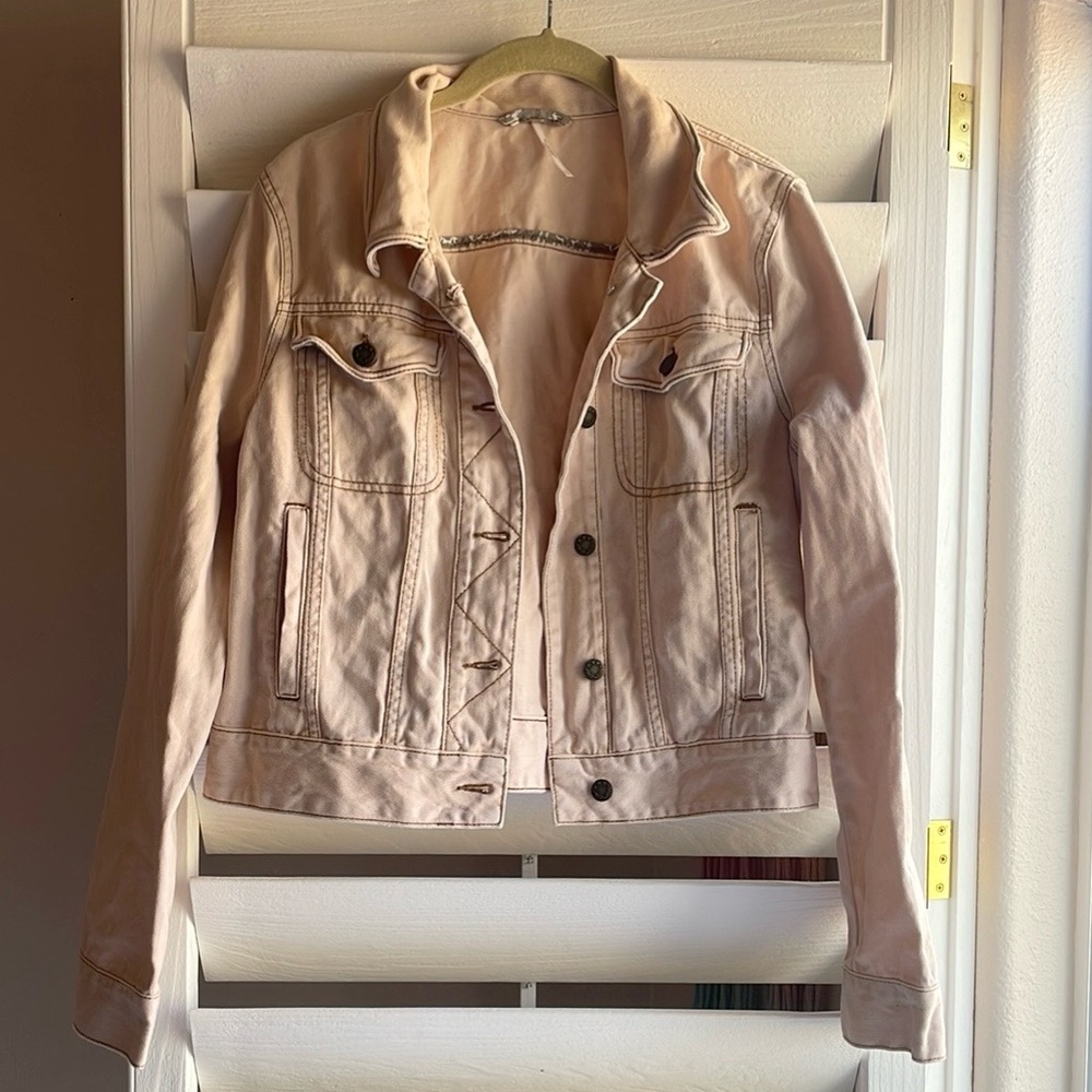 Free People Cream Pink Jean Jacket Medium Boho